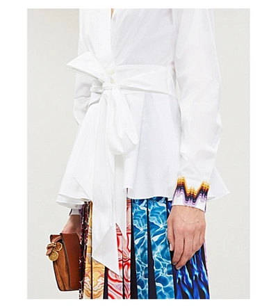 Shop Mary Katrantzou Orla Embroidered-cuff Stretch-cotton Wrap Top In White