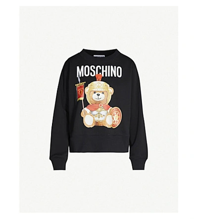 Shop Moschino Bear-print Round-neck Cotton-jersey Sweatshirt In Black