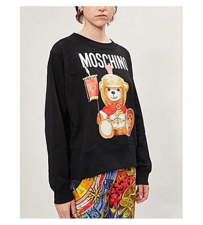 Shop Moschino Bear-print Round-neck Cotton-jersey Sweatshirt In Black