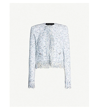 Shop Balmain Collarless Tweed Jacket In Blanc Bleu