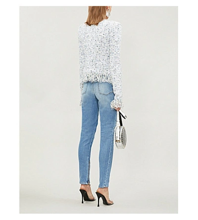 Shop Balmain Collarless Tweed Jacket In Blanc Bleu