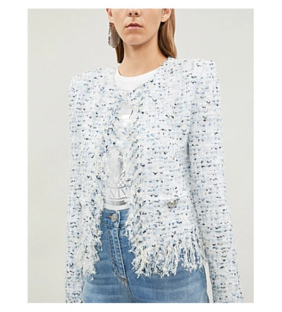 Shop Balmain Collarless Tweed Jacket In Blanc Bleu