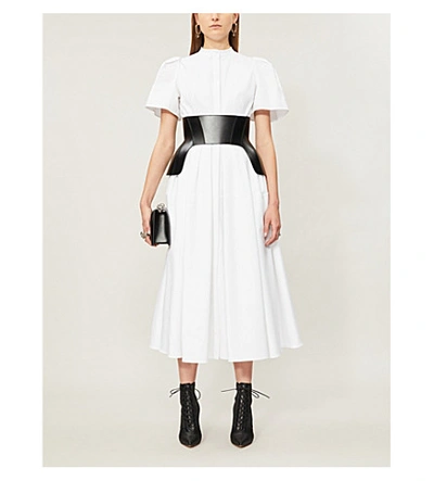 Shop Alexander Mcqueen Short-sleeved Cotton Midi Dress In Opticalwhite