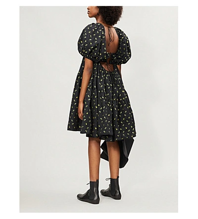 Shop Cecilie Bahnsen Ronja Puff-sleeve Floral-print Cotton Dress In Black/yellow