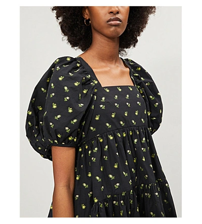 Shop Cecilie Bahnsen Ronja Puff-sleeve Floral-print Cotton Dress In Black/yellow