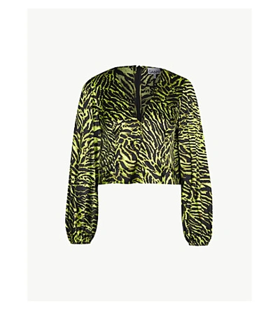Shop Ganni V-neck Bishop-sleeve Tiger-print Stretch-silk Top In Lime Tiger