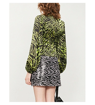 Shop Ganni V-neck Bishop-sleeve Tiger-print Stretch-silk Top In Lime Tiger