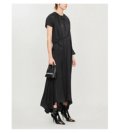 Shop Balenciaga Asymmetric Logo-print Silk Maxi Dress In Black