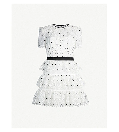 Shop Self-portrait Tiered Polka Dot Floral Lace Mini Dress In Ivory