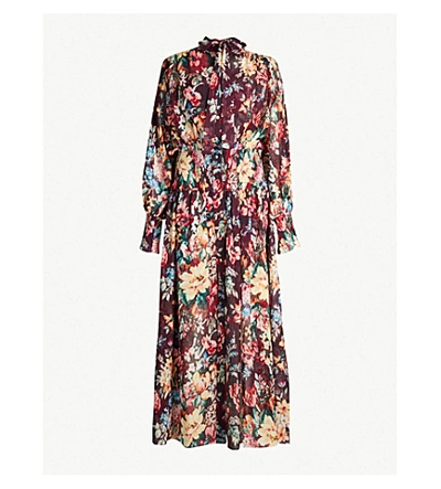 Shop Zimmermann Allia Floral-print Cotton And Silk-blend Midi Dress In Burgundy Floral