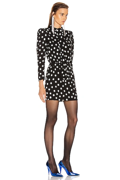 Shop Saint Laurent Long Sleeve Polka Dots Mini Dress In Black & White