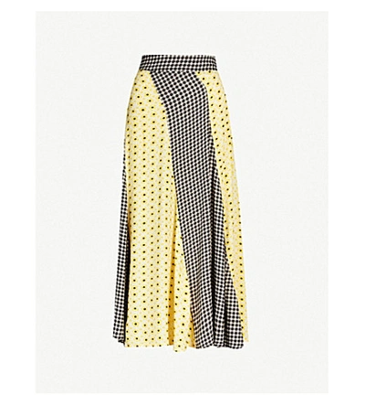 Shop Ganni Floral And Gingham-print Crepe Midi Skirt In Block Colour