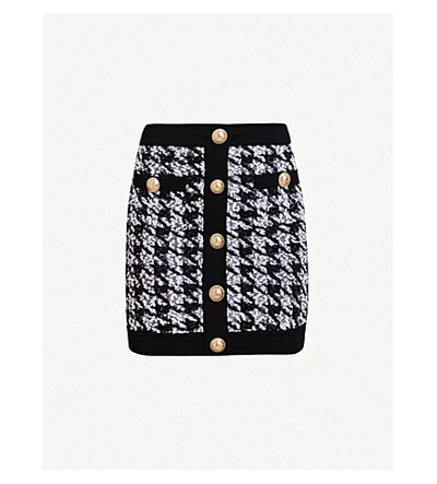 Shop Balmain Houndstooth High-waist Wool-blend Mini Skirt In Black White
