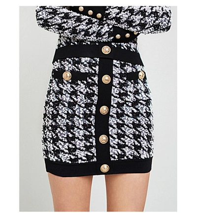 Shop Balmain Houndstooth High-waist Wool-blend Mini Skirt In Black White