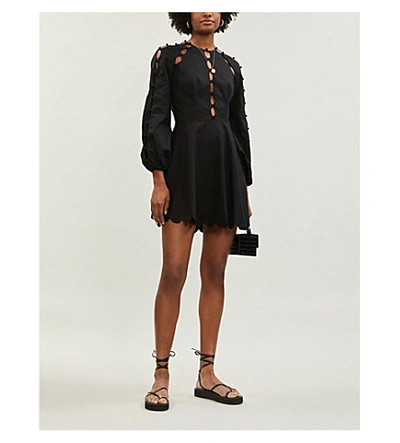 Shop Zimmermann Goldie Scalloped Linen And Cotton-blend Mini Dress In Black