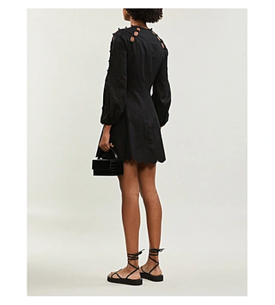 Shop Zimmermann Goldie Scalloped Linen And Cotton-blend Mini Dress In Black