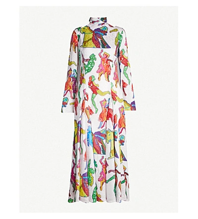 Shop Stella Mccartney Graphic-print Long-sleeved Silk-satin Dress In Multi