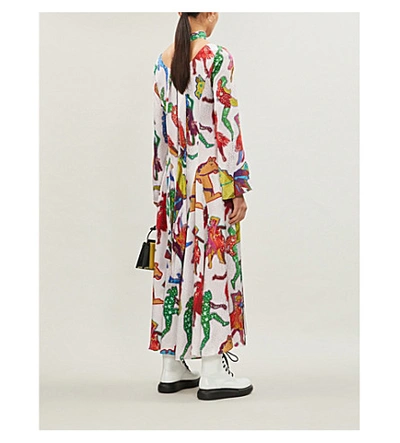 Shop Stella Mccartney Graphic-print Long-sleeved Silk-satin Dress In Multi