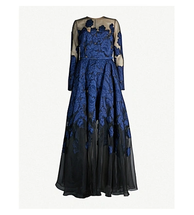 Shop Oscar De La Renta Floral Embroidered And Mesh Gown In Marine Black