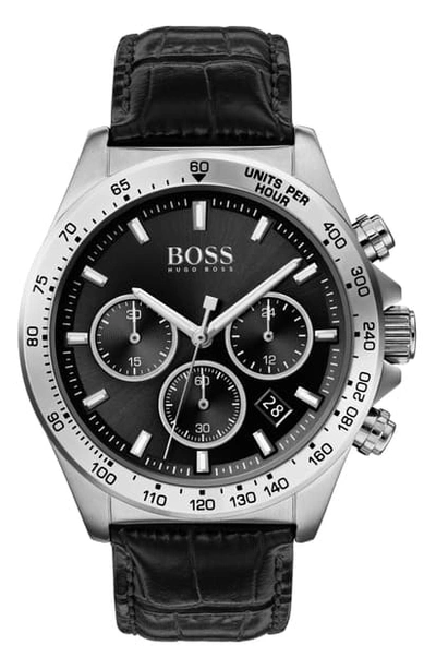 Shop Hugo Boss Hero Chronograph Leather Strap Watch, 43mm In Black/ Silver