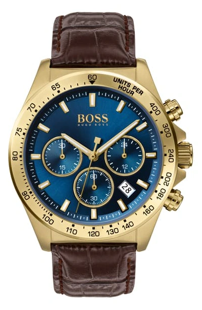 Shop Hugo Boss Hero Chronograph Leather Strap Watch, 43mm In Brown/ Blue/ Gold