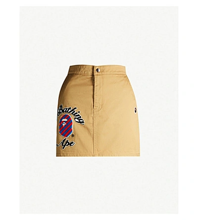 Shop Bape Branded High-waist Cotton Mini Skirt In Beige