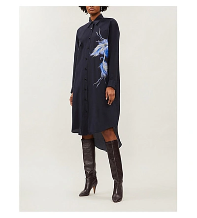 Shop Givenchy Bird-print Silk-crepe Dress In Navy
