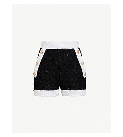 Shop Balmain Contrast-trim Boucle Shorts In Black White