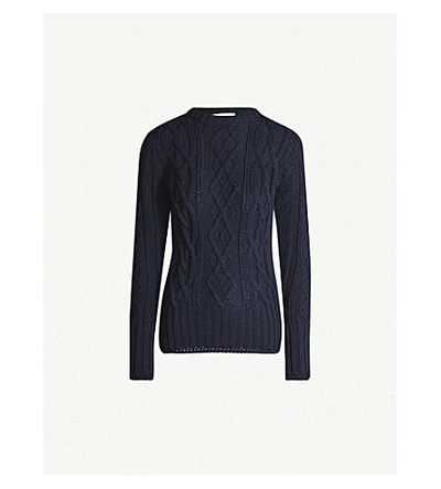 Shop Thom Browne Long-sleeved Cable-knit Wool Jumper In Navy