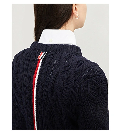 Shop Thom Browne Long-sleeved Cable-knit Wool Jumper In Navy