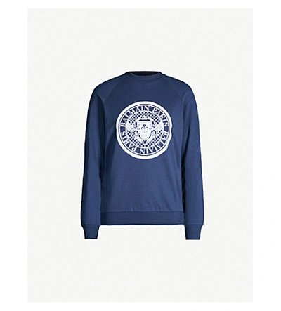 Shop Balmain Coin Logo-print Cotton-jersey Sweatshirt In Navy White