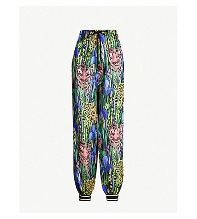 Shop Gucci Tiger Floral-print Straight-leg Silk-satin Trousers In Multi