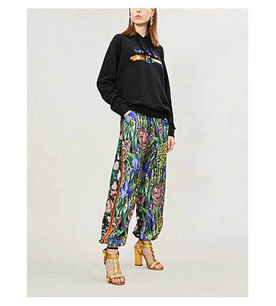 Shop Gucci Tiger Floral-print Straight-leg Silk-satin Trousers In Multi