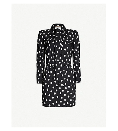 Shop Saint Laurent Pussy-bow Polka-dot Crepe Mini Dress In Noir Craie