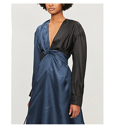Shop Bottega Veneta Knot-detail Silk Dress In Nero-petrol Blue