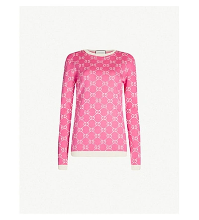 Shop Gucci Logo-intarsia Cotton-knit Jumper In Pink Ivory