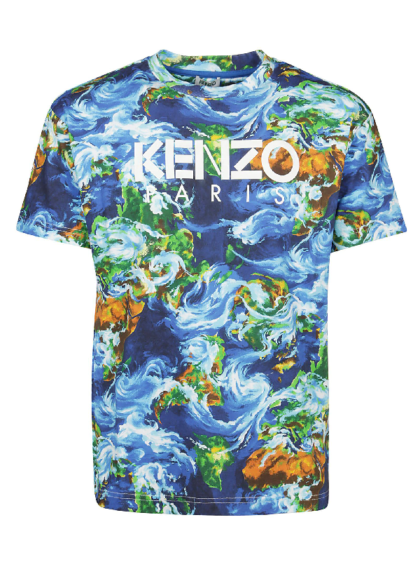 Kenzo World Printed Cotton T-shirt In Blue | ModeSens