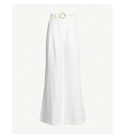 Shop Zimmermann Honour High-rise Belted Linen Wide-leg Trousers In Ivory