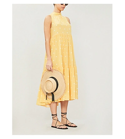 Shop Asceno Polka Dot-print High-neck Sleeveless Silk-crepe Dress In Yellow Polka