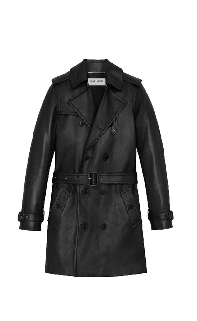 Shop Saint Laurent Black Leather Trench Coat