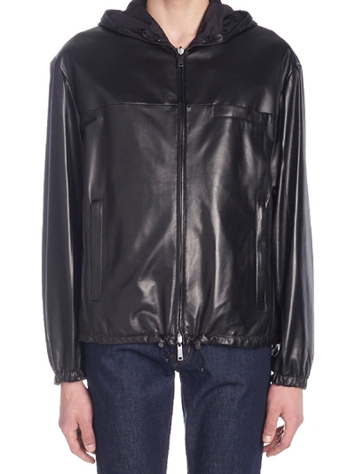 Shop Prada Black Leather Outerwear Jacket