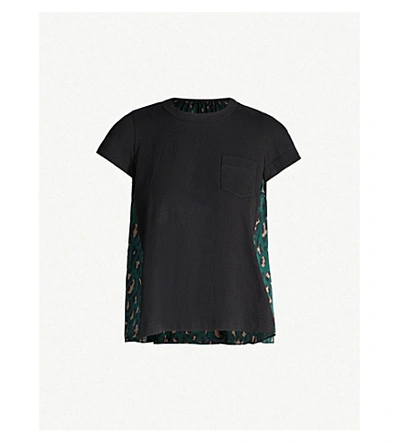 Shop Sacai Leopard-print Panel Cotton-jersey And Satin T-shirt In Green