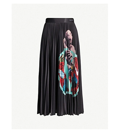 Shop Valentino Printed Pleated Satin Midi Skirt In Black Multi