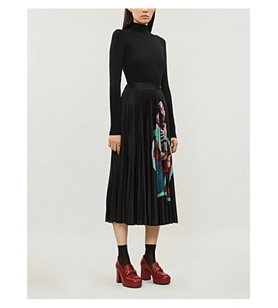 Shop Valentino Printed Pleated Satin Midi Skirt In Black Multi