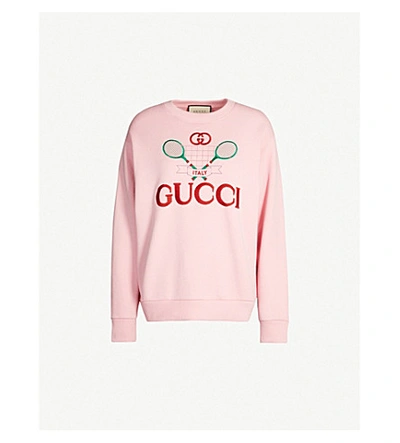 Shop Gucci Tennis Logo-embroidered Cotton-jersey Sweatshirt In Pink