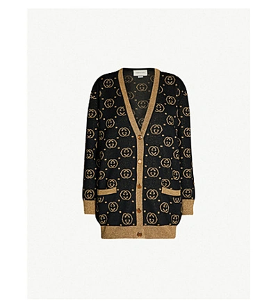 Shop Gucci Gg-intarsia Wool-blend Cardigan In Black Gold