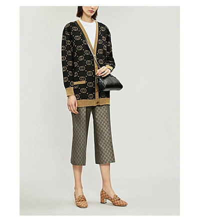 Shop Gucci Gg-intarsia Wool-blend Cardigan In Black Gold