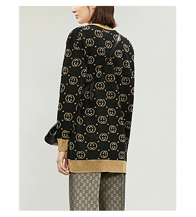 Shop Gucci Gg-intarsia Wool-blend Cardigan In Black Gold