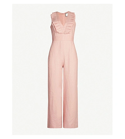 Shop Alexis V-neck Frill-sleeved Linen Jumpsuit In Blush