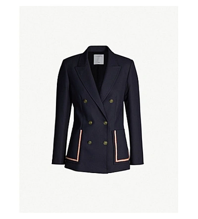 Shop Sandro Double-breasted Crepe Blazer In Navy Blue